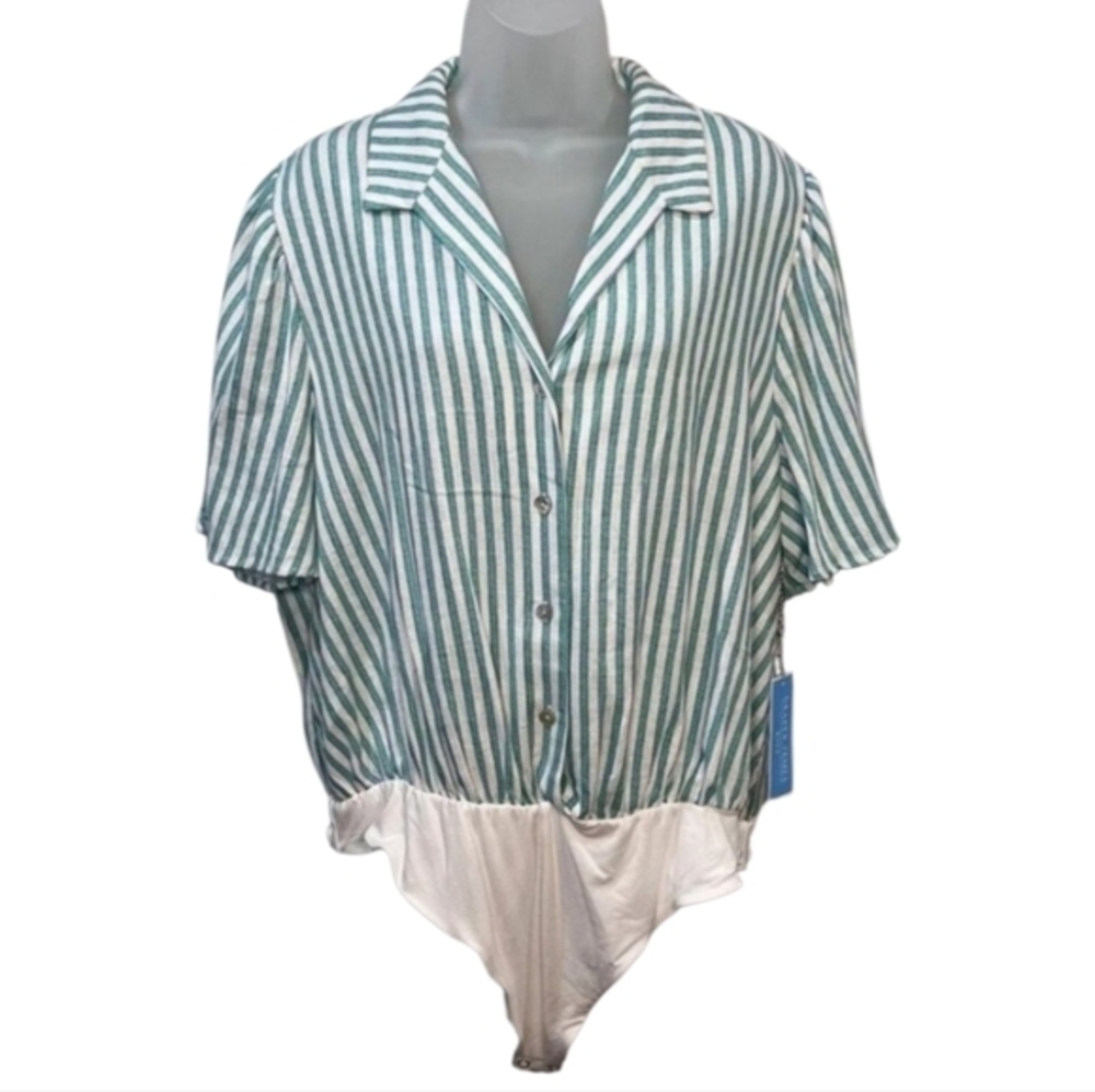 Draper James RSVP Green White Striped Short Sleeve Button Front Bodysuit NEW